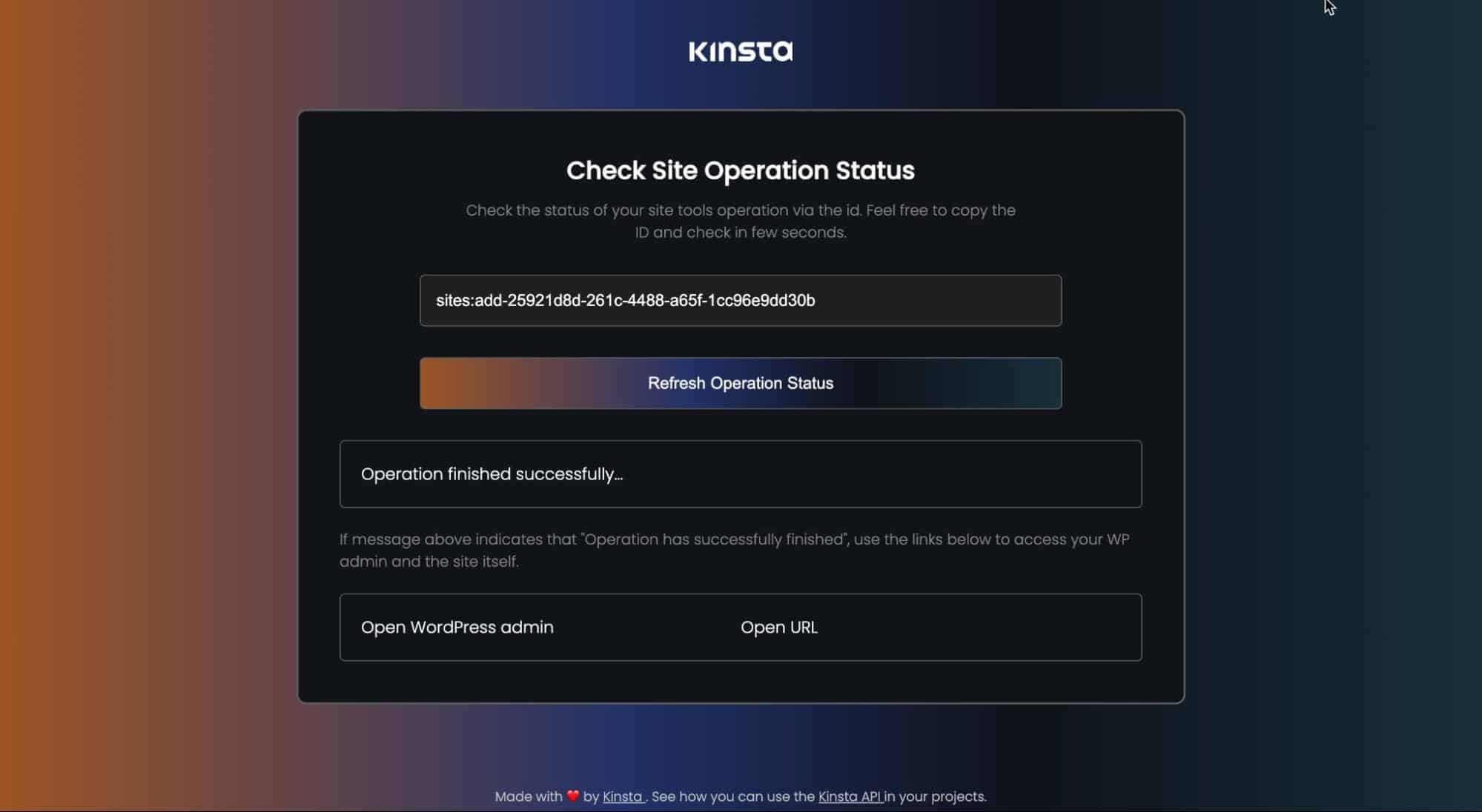 Operations page showing operation ID and site details