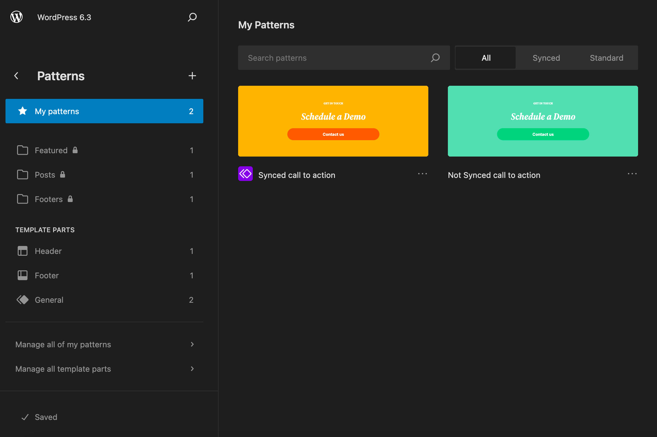 La sezione di amministrazione dei Pattern nell'editor del sito