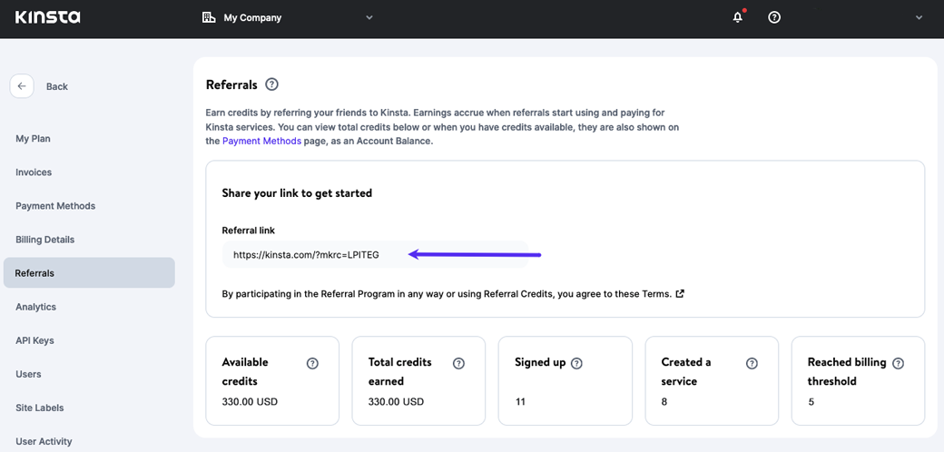 Captura de pantalla que muestra la página del panel de MyKinsta para el Programa de Referidos.