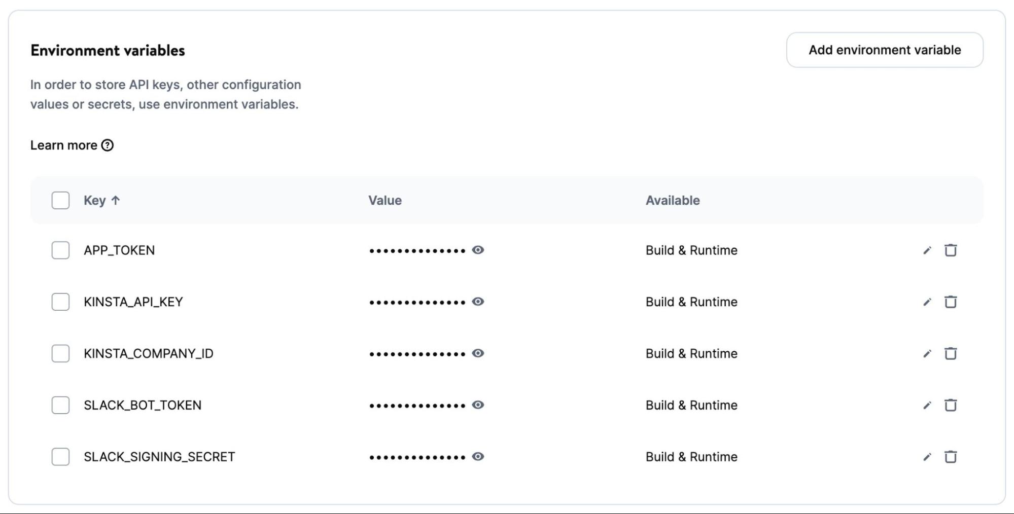 Establece variables de entorno en DevKinsta al desplegar.