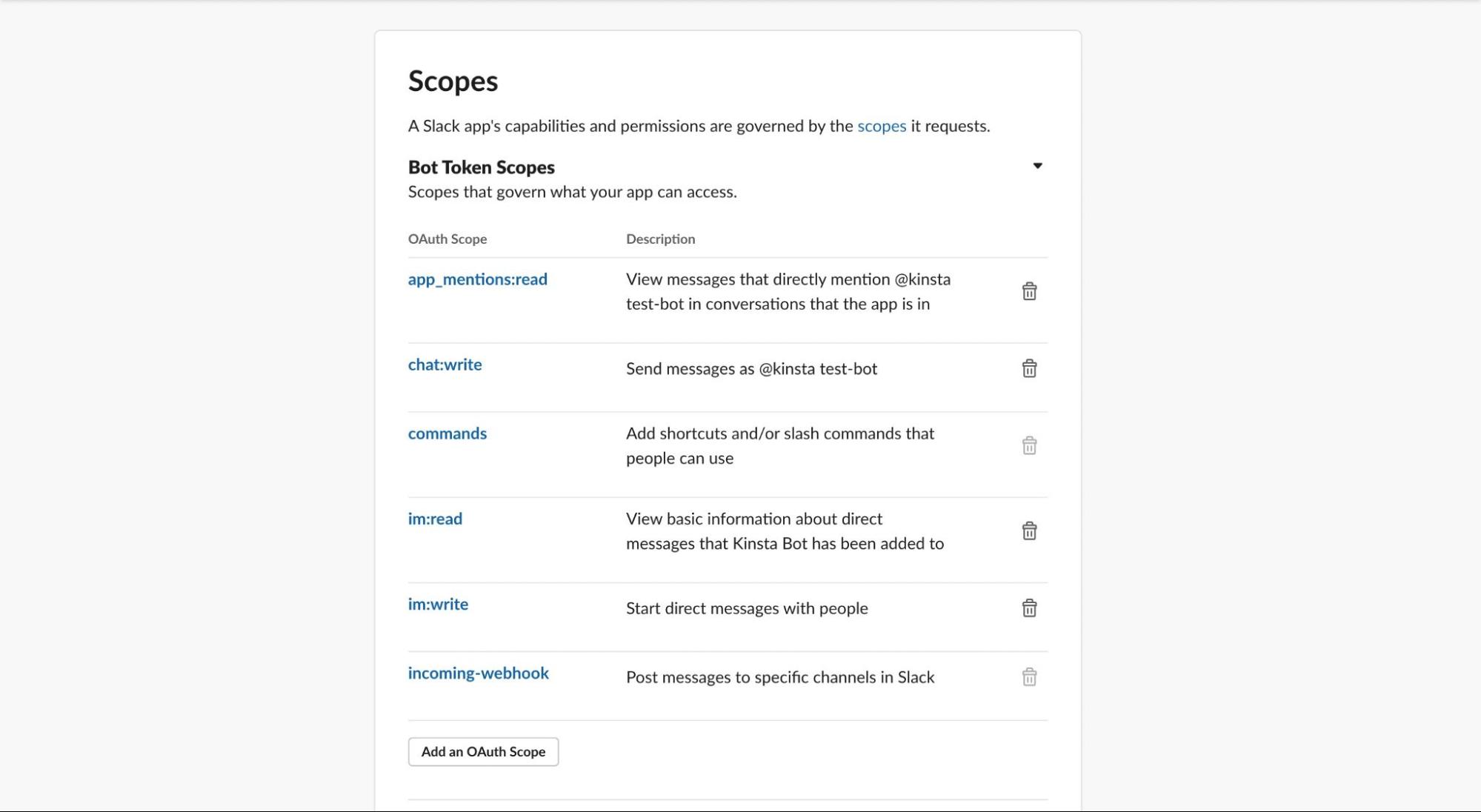 <strong>Scopes</strong> de la aplicación Slack.