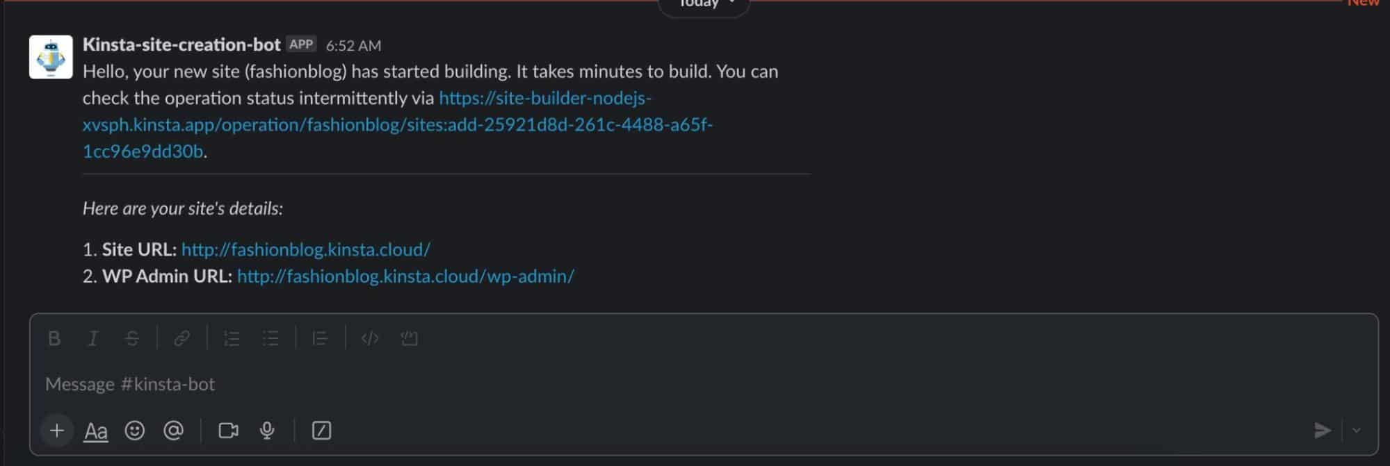 Slack bericht aangepast met Slack block Kit Builder.