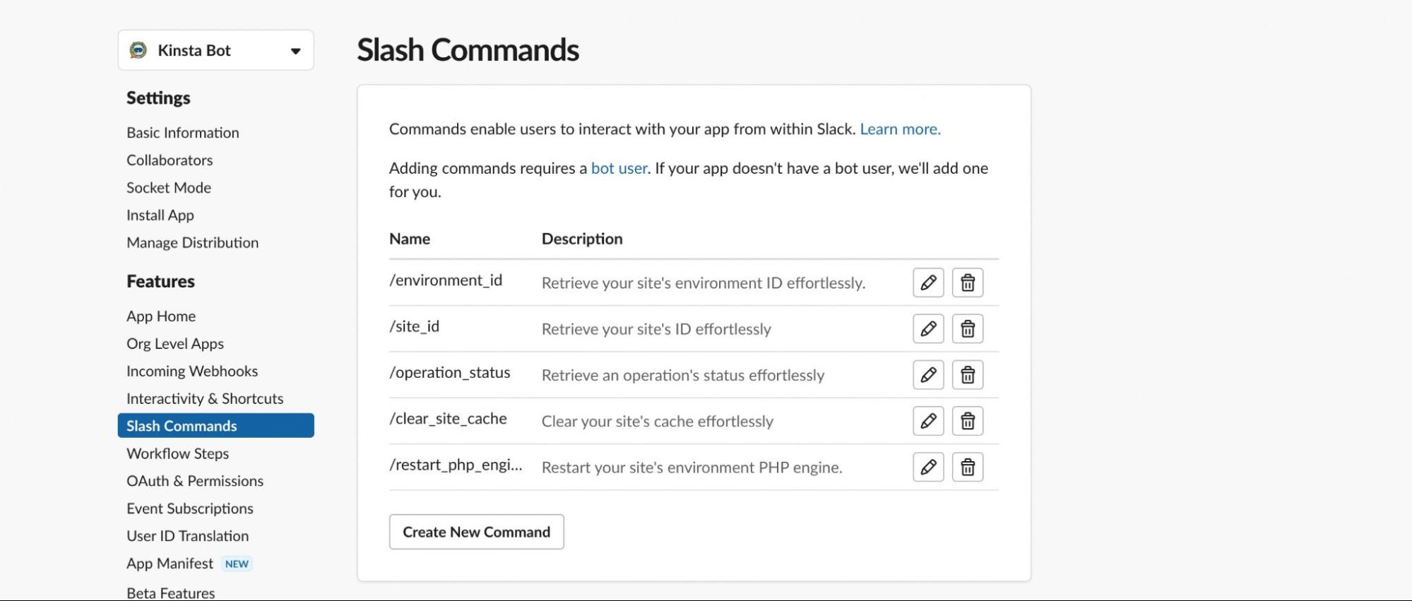 Comandos slash para interagir com a API da Kinsta.