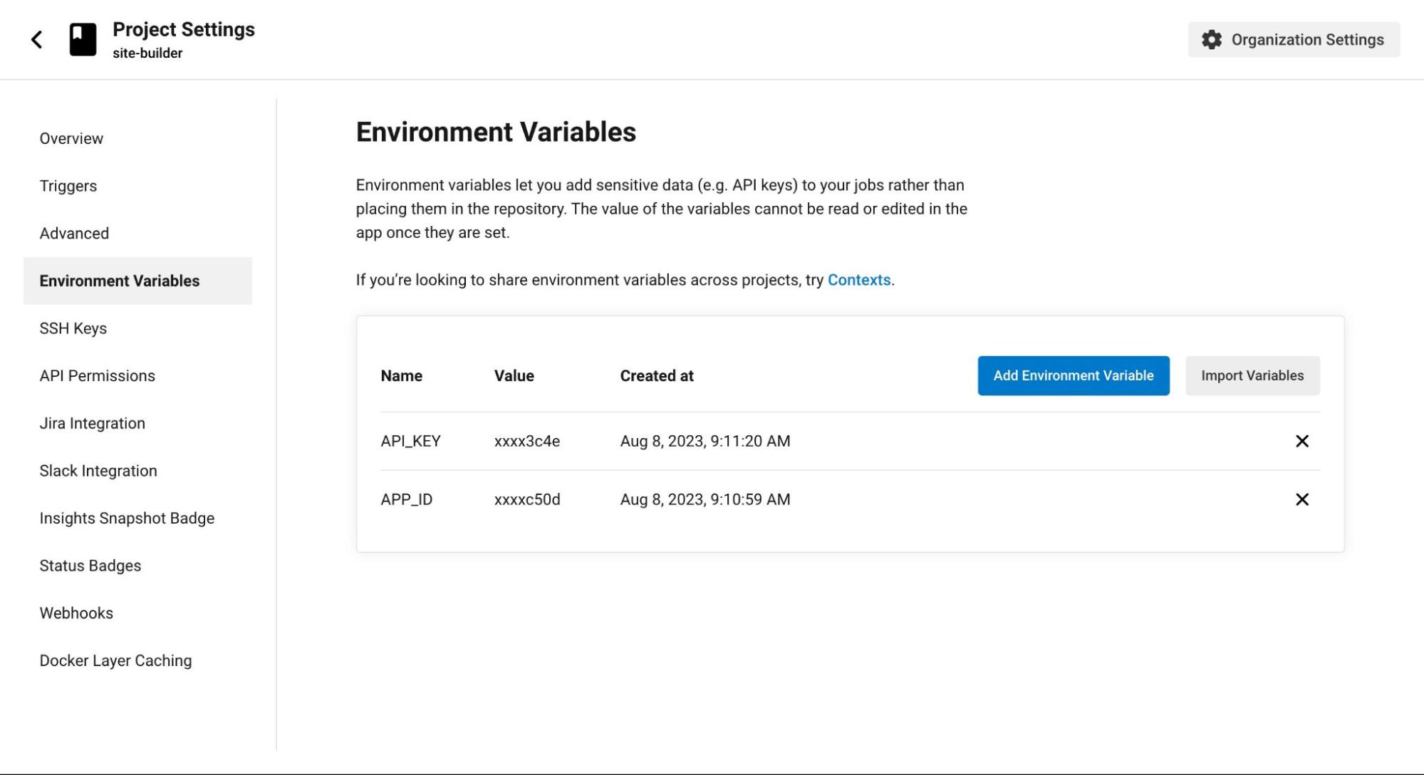 Schermata di CircleCI con le opzione della sezione Environment Variables