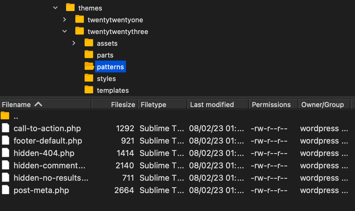 La directory patterns del tema a blocchi Twenty Twenty-Three