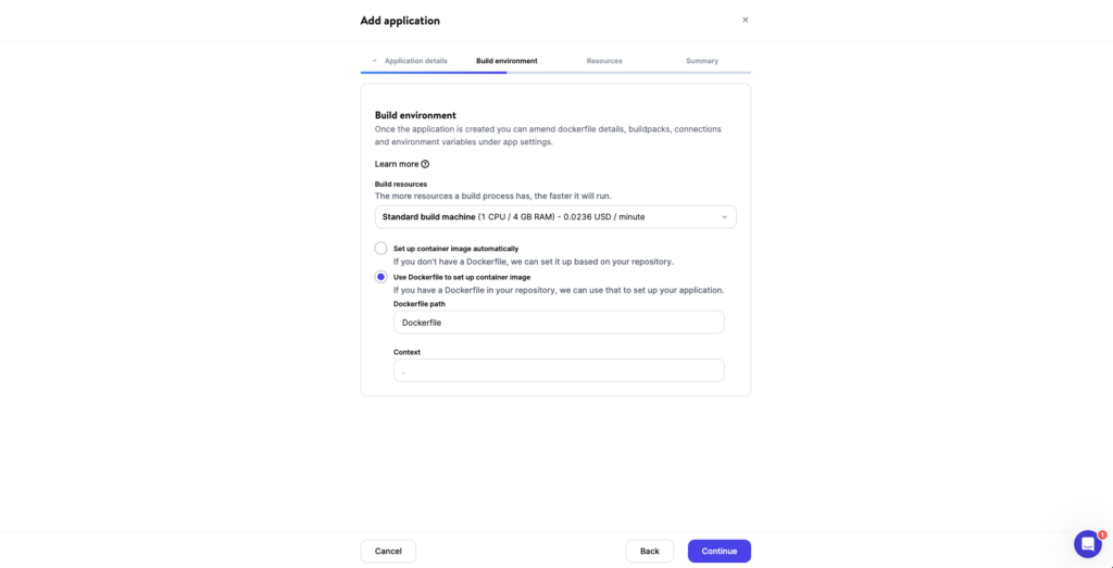 The add application form asking to provide build environment details..