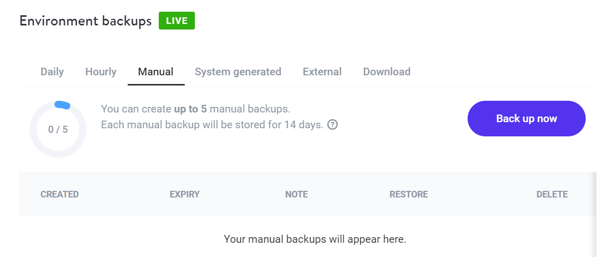 Creating a manual backup using Kinsta.