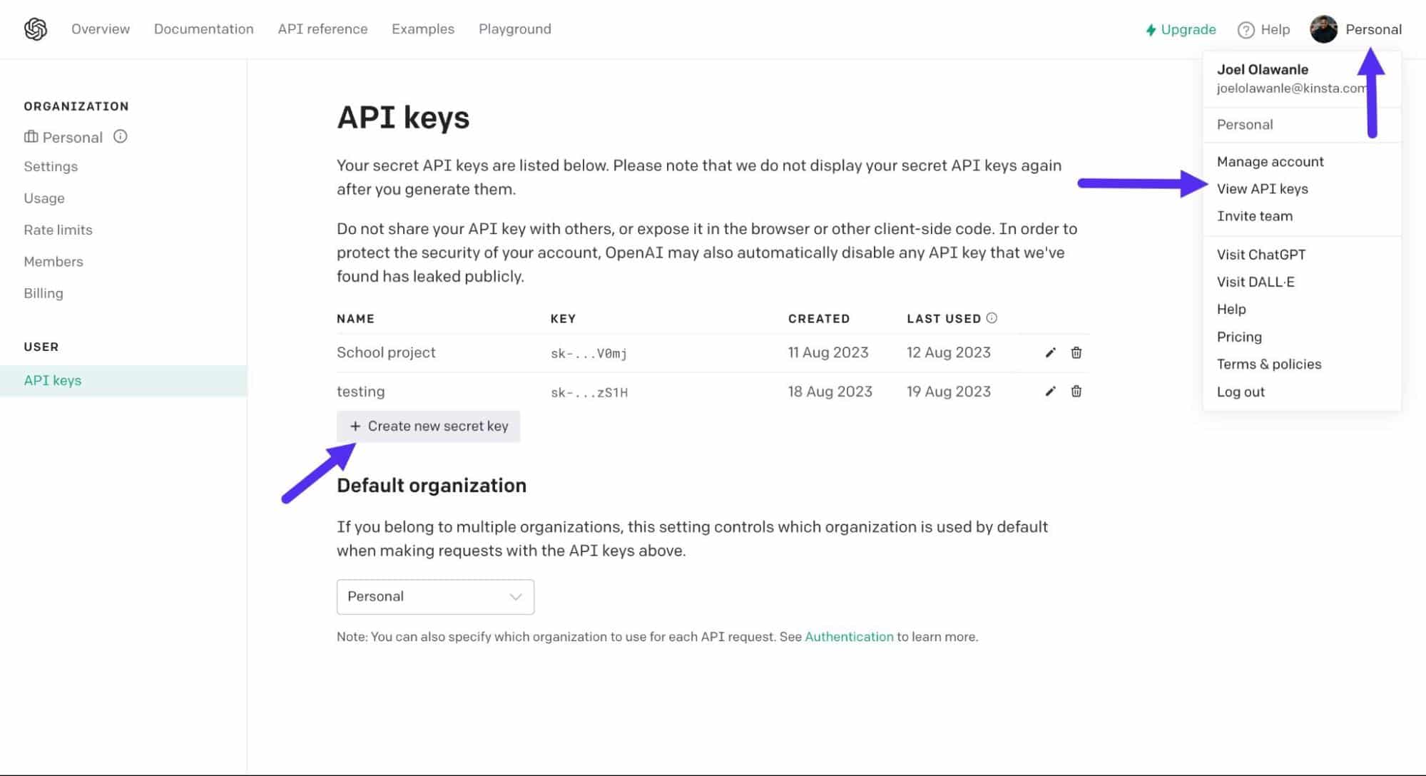 El proceso de creación de una clave secreta de la API de OpenAI.