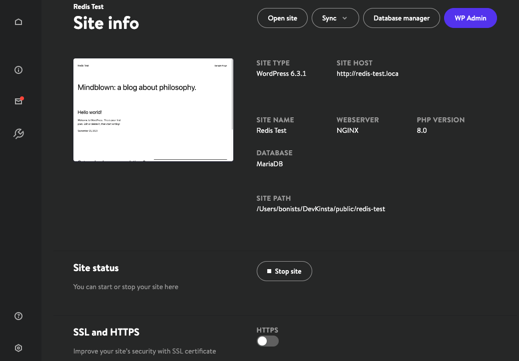 Screenshot des DevKinsta-Dashboards und der Details einer neuen WordPress-Website