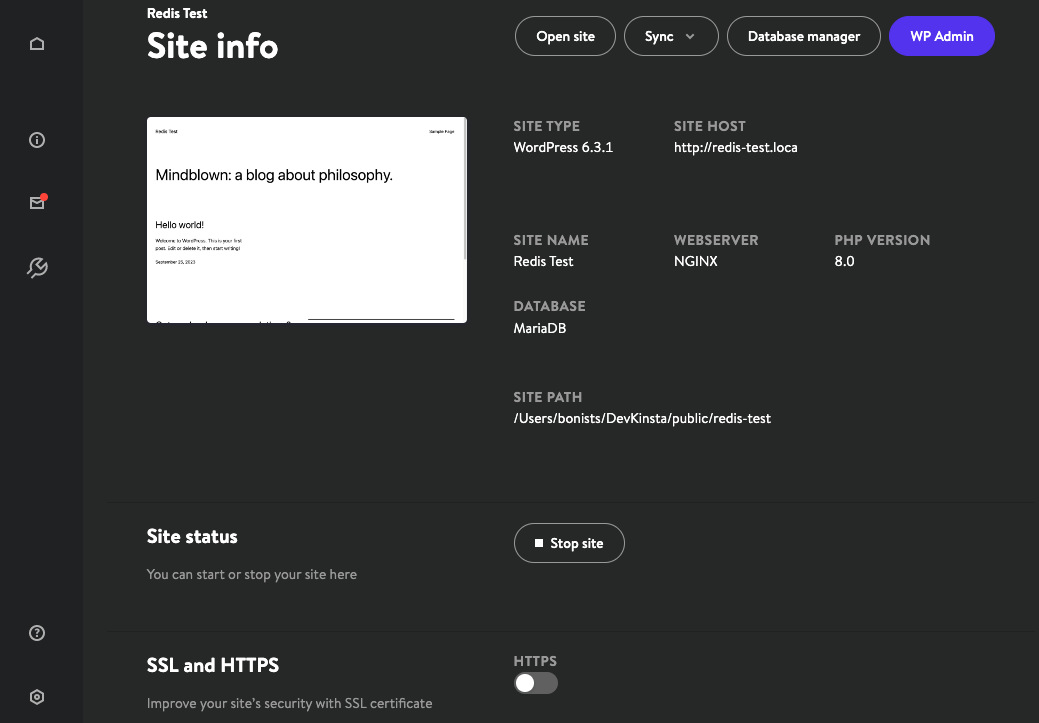 El panel de control de DevKinsta después de crear un nuevo sitio de WordPress.