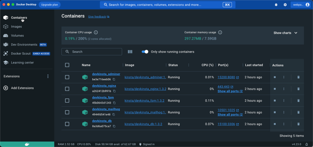 Screenshot: Docker Desktop list of containers running in DevKinsta.