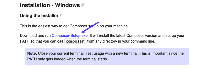 Localizando o instalador do Windows no site oficial do Composer.