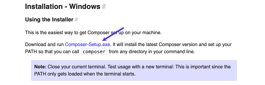 Il programma di installazione per Windows sul sito web di Composer.