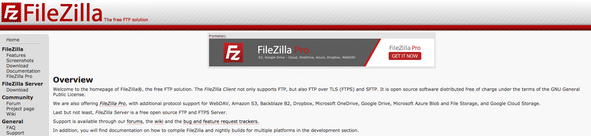 La página de inicio de FileZilla