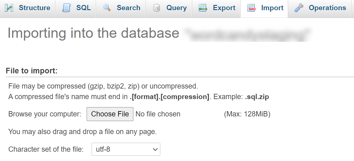 Importing a database file via phpMyAdmin.
