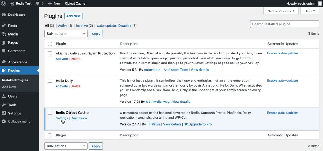 Screenshot: A list of installed WordPress plugins, with Redis Object Cache highlighted.