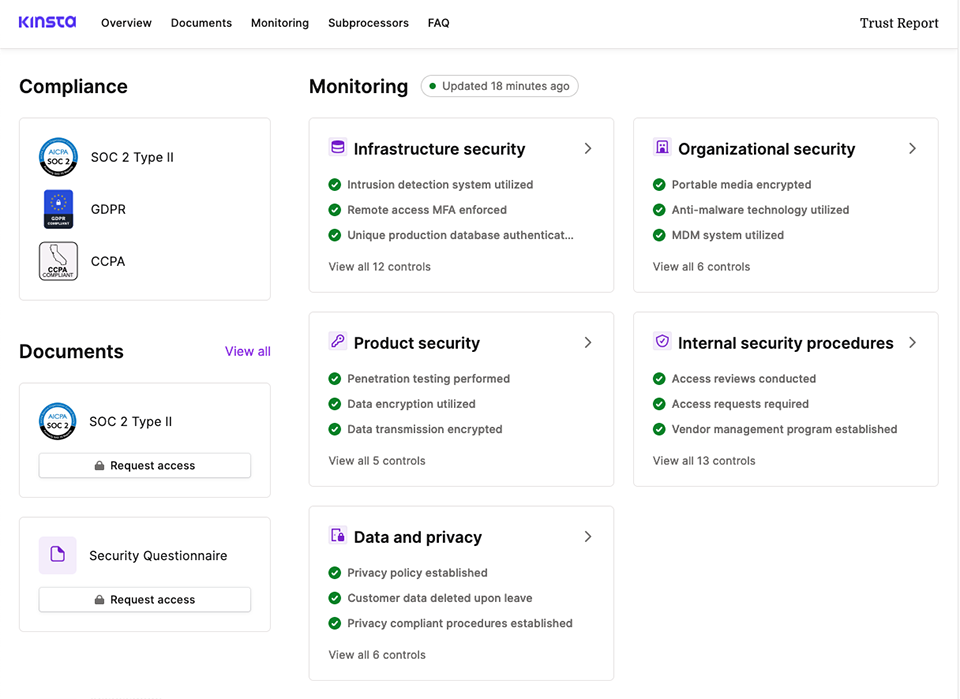 A screen shot of Kinsta's Trust Report page.