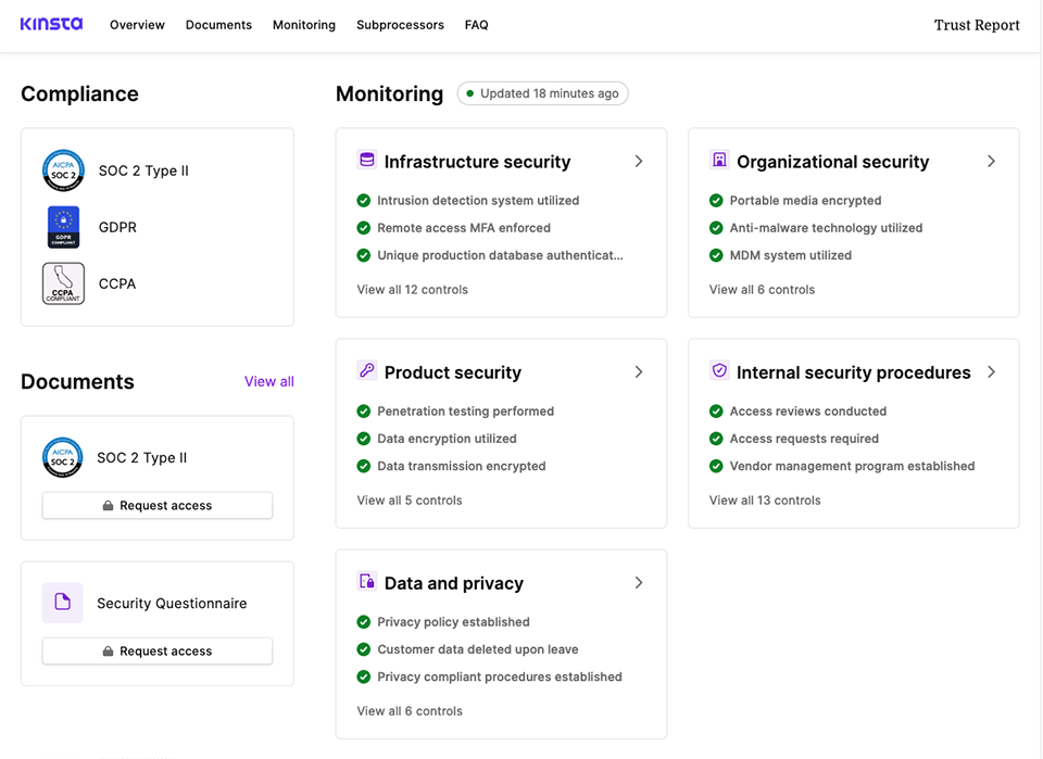 En del av Kinsta's Trust Report-sida, inklusive några element som övervakas automatiskt.