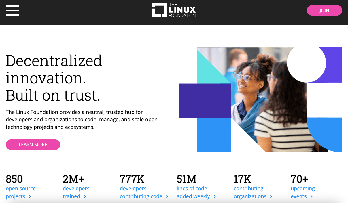 Captura de pantalla de la página de inicio de la Fundación Linux
