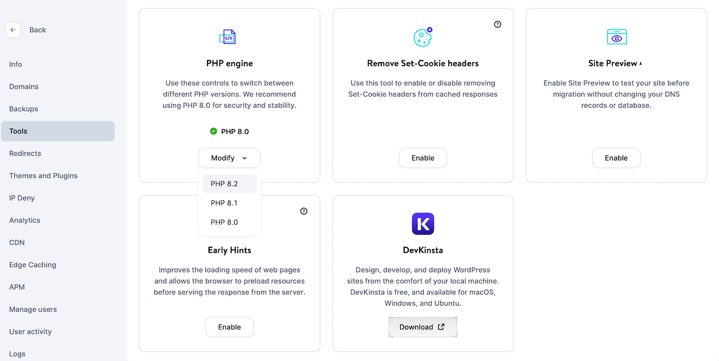 Alterar a versão do PHP no painel MyKinsta.