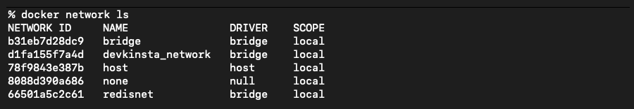 Снимок экрана: вывод команды списка сетей Docker.