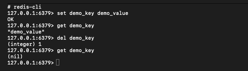 Captura de pantalla: Creación, consulta y eliminación de datos clave/valor Redis.