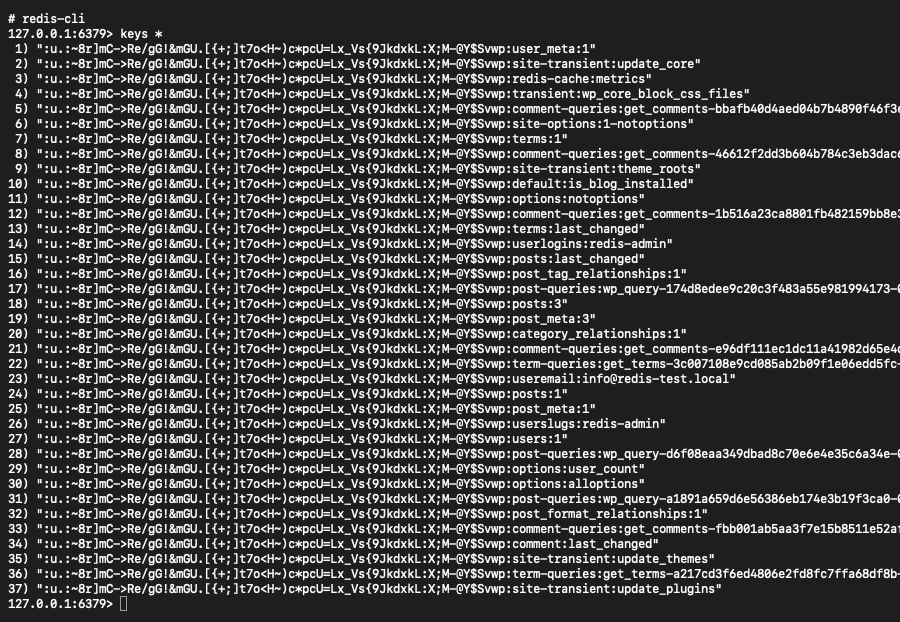 Screenshot: Een lijst van de sleutels op de Redis server.