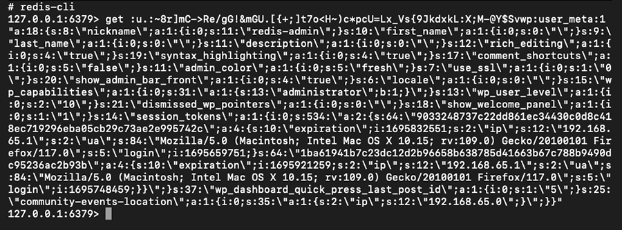 Schermata di codice con i risultati di una query al database Redis.