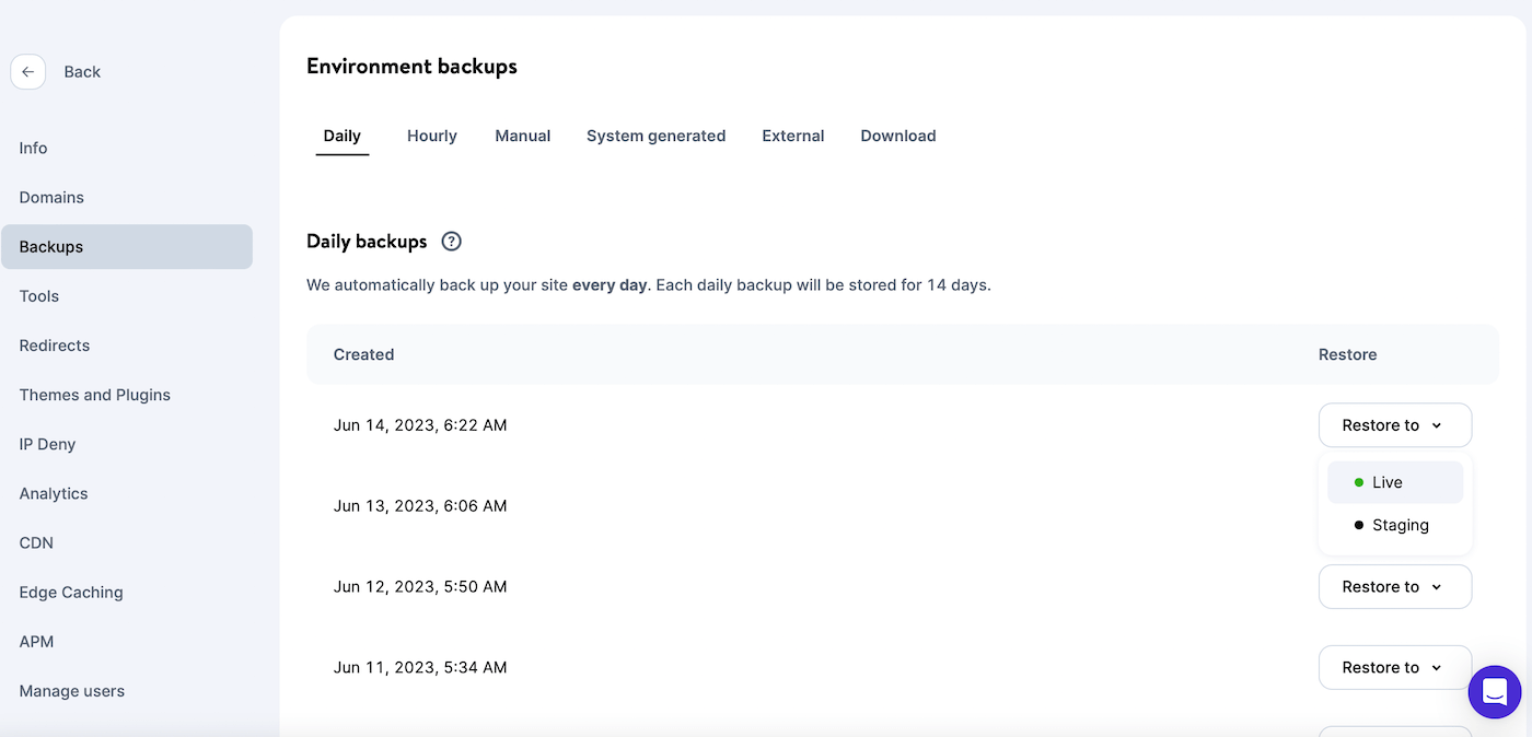 Backup herstellen in MyKinsta