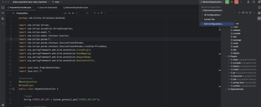 The IntelliJ IDEA window showing where to access the run/debug configurations setting from.