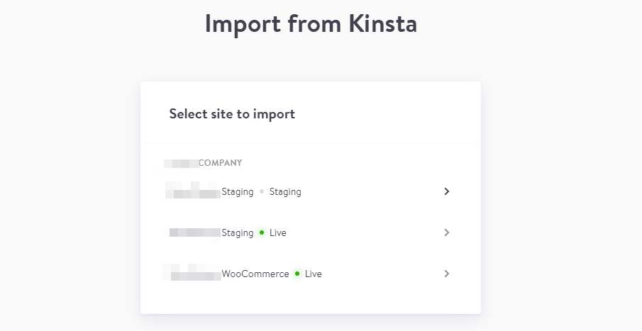Selecting which Kinsta website to import.