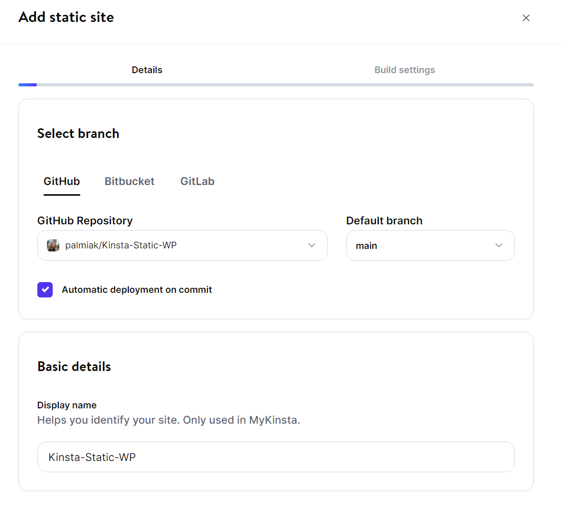 Kinsta's UI showing a new static site being created from a GitHub repository and its main branch.
