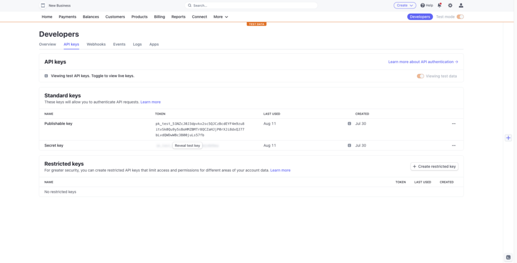 The Stripe dashboard's developer section showing the API keys tab.