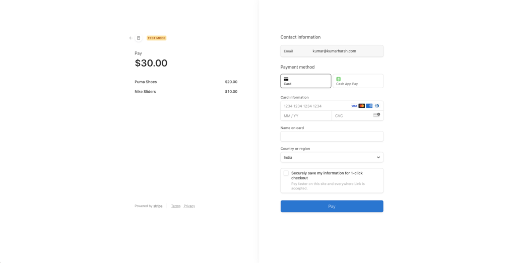 The Stripe-hosted checkout page showing invoice details on the left and the payment details collection form on the right.