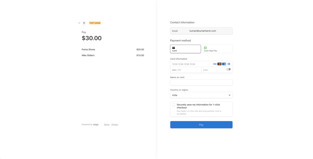 Schermata della pagina di checkout ospitata da Stripe che mostra i dettagli della fattura a sinistra e il modulo di raccolta dei dati di pagamento a destra.