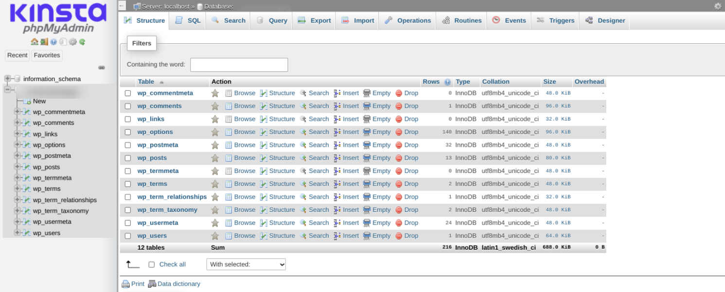 Tabelas do banco de dados WordPress no phpMyAdmin.