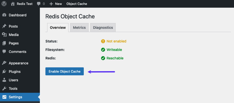 Screenshot: Enabling the Redis Object Cache in WordPress.