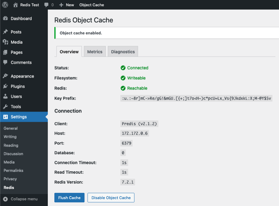 Screenshot: The Redis Object Cache Settings page with the plugin enabled.