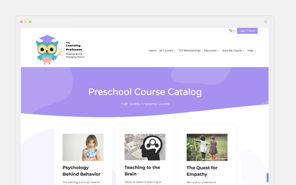 Skærmbillede: The Learning Professor Website, en WordPress-medlemskabshostingkunde