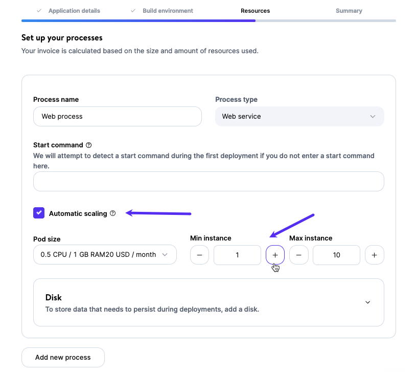 Screenshot: Configurazione dello scaling automatico nella dashboard di MyKinsta. 