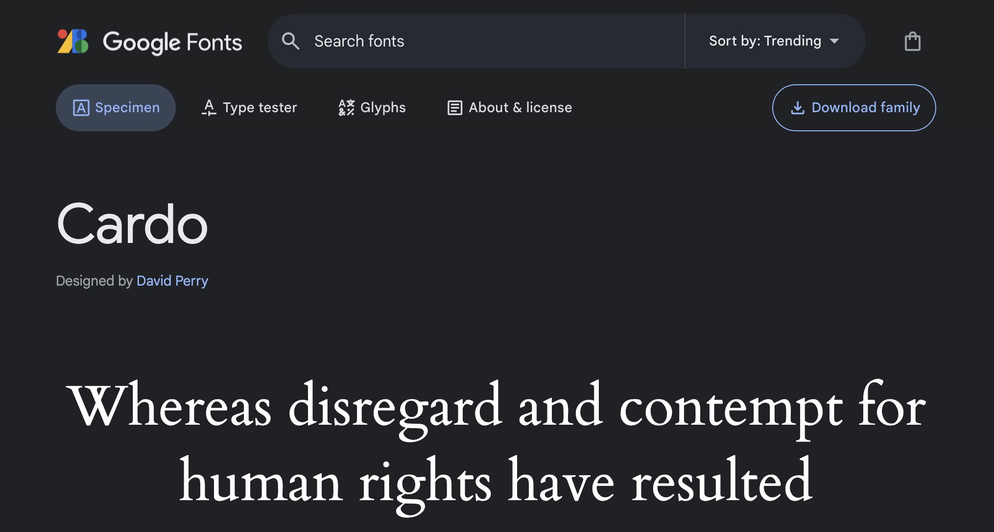 Aperçu de la police Cardo sur Google Fonts