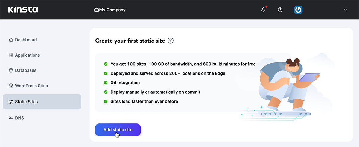 Screenshot: Creating an initial static site in MyKinsta.