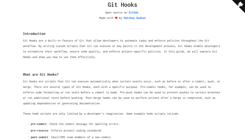 The third-party Git Hooks website, showing an introduction to hooks, and an explanation. It uses black text on a white background. In the corner is the GitHub symbol, denoting that the site is hosted on GitHub Pages.