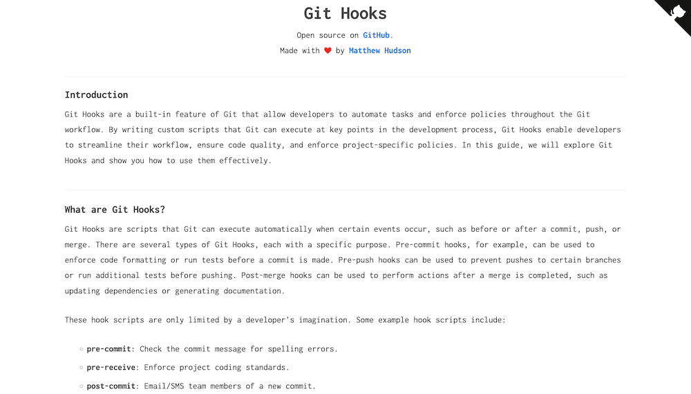 Il sito web di Git Hooks di terze parti, che mostra un'introduzione agli hook e una spiegazione. Utilizza testo nero su sfondo bianco. Nell'angolo è presente il simbolo di GitHub, che indica che il sito è ospitato su GitHub Pages.