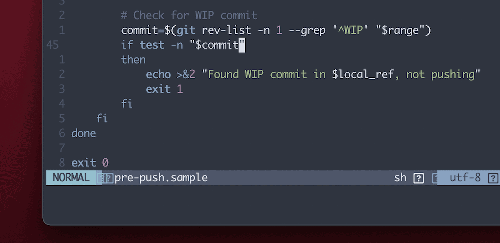 Una parte de la aplicación iTerm para macOS, mostrando un ejemplo de hook Git abierto en una ventana NeoVim. Hay una pequeña sección de código para un hook pre-push, con un código de salida 0 al final de la suite.