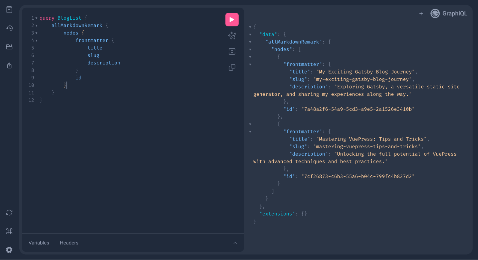Using the GraphiQL playground to get markdown information