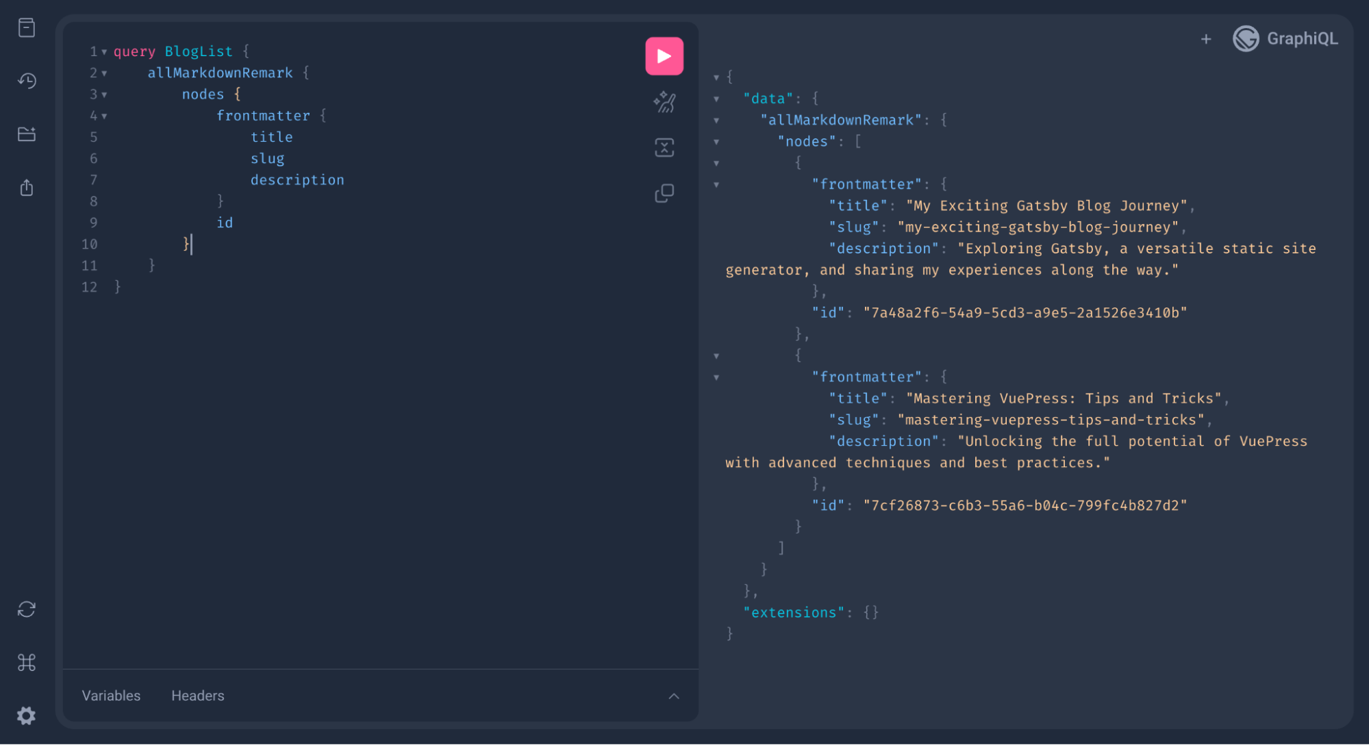 Utilisation du terrain de jeu GraphiQL pour obtenir des informations de type markdown.