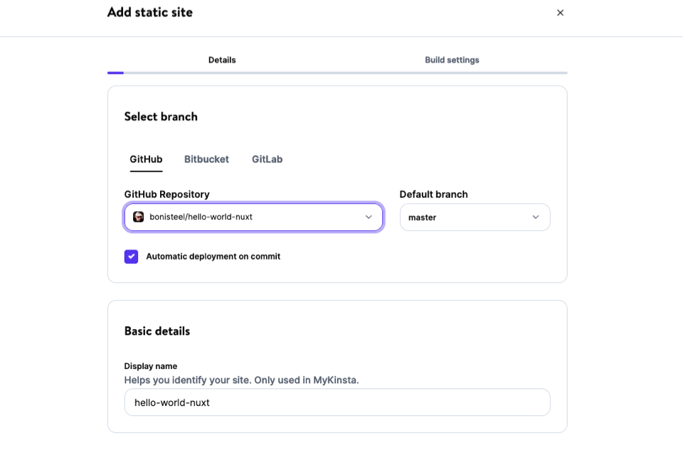 Añadir Alojamiento de Sitio Estático en MyKinsta