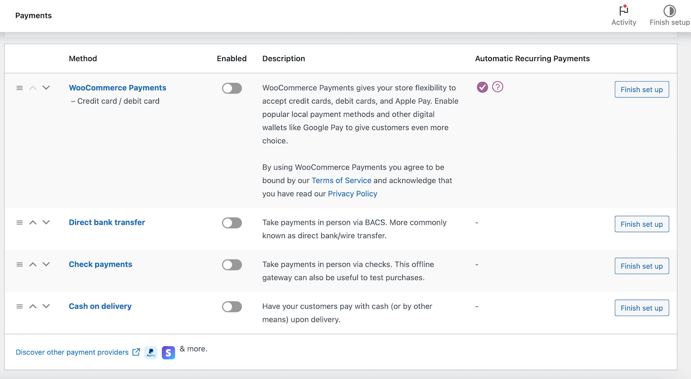 WooCommerce payment settings