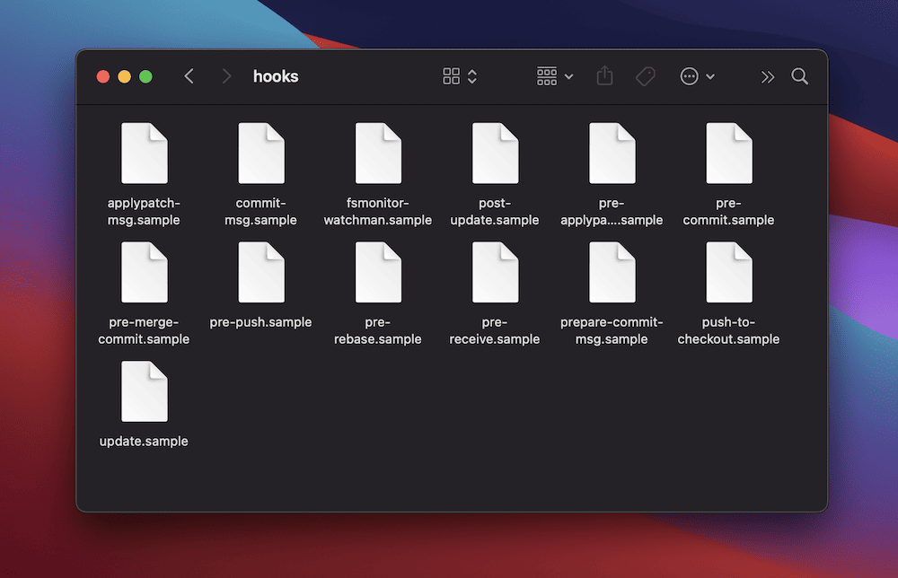 A macOS Finder screen showing a local directory containing 13 white sample hooks files on a gray background.